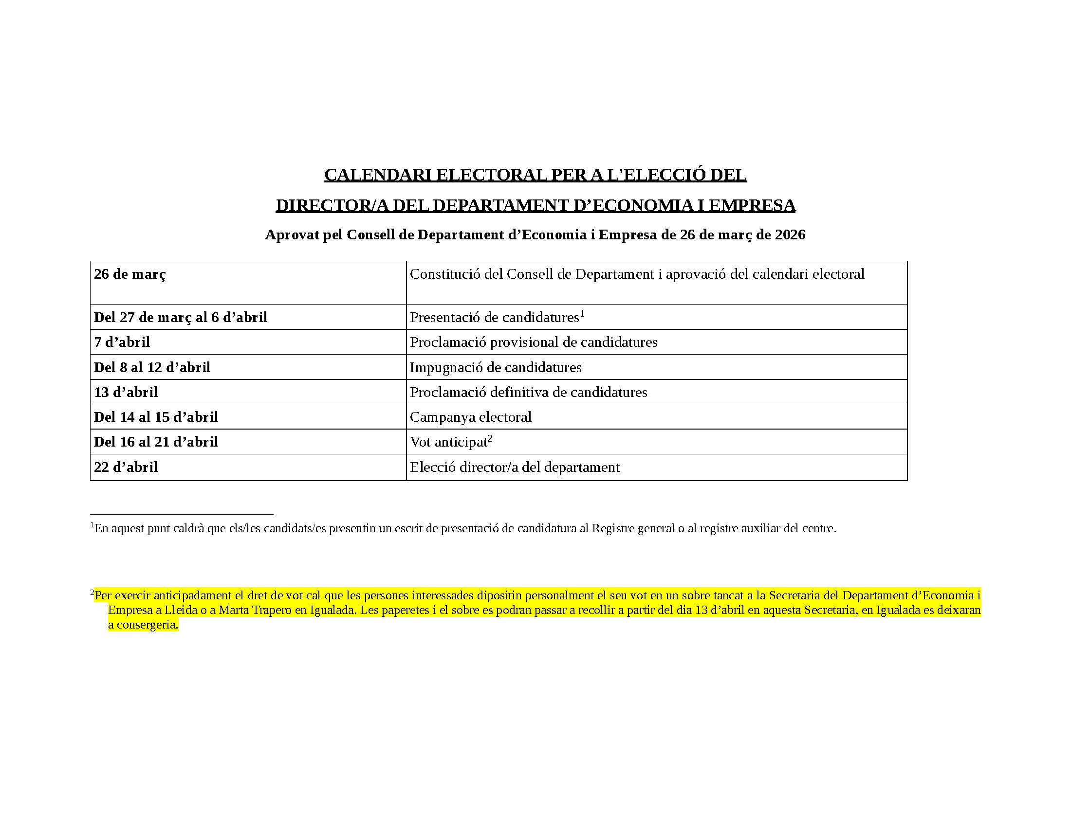 CALENDARI ELECTORAL DECOEMP 2026